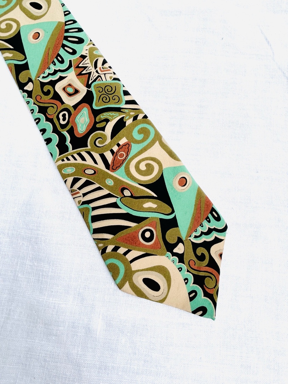 Vintage Silk Tie Turquoise Teal Cream Rust & olive Wide 3 3/4” Abstract Graphic